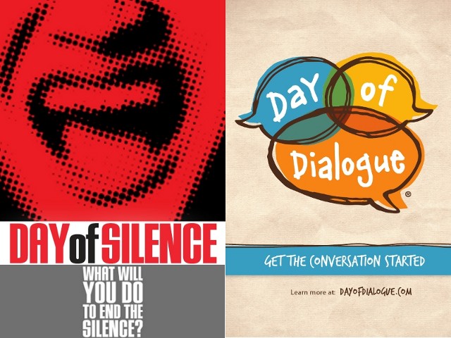A modified version of a Day of Silence badge and a Day of Dialogue poster merged together into one image. Which approach will you choose (Credit: Day of Silence/Day of Dialogue)
