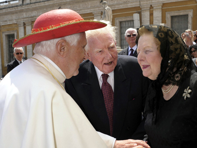 Pope Benedict XVI greets former British Prime Minister Margaret Thatcher during his weekly audience in 2009 in St. Peter's Square at the Vatican. Thatcher, a major figure in British and world politics and the only woman to become British prime minister, died April 8 at the age of 87. (Credit: CNS photo/L'Osservatore Romano via Reuters)