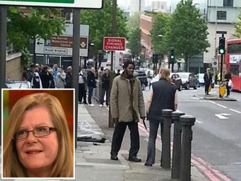 Ingrid Loyau-Kennett of Cornwall confronts one of the two attackers who brutally murdered British soldier Lee Rigby (Credit: Basil Baradaran via Twitter/Daybreak)