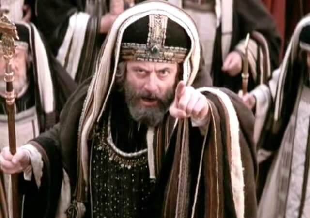 A still from the movie, The Passion of the Christ, a Mel Gibson movie, from Icon Entertainment International, showing Caiaphas, played by Mattia Sbragia, demanding before Pontius Pilate that Jesus be crucified (Credit: Icon Entertainment International)