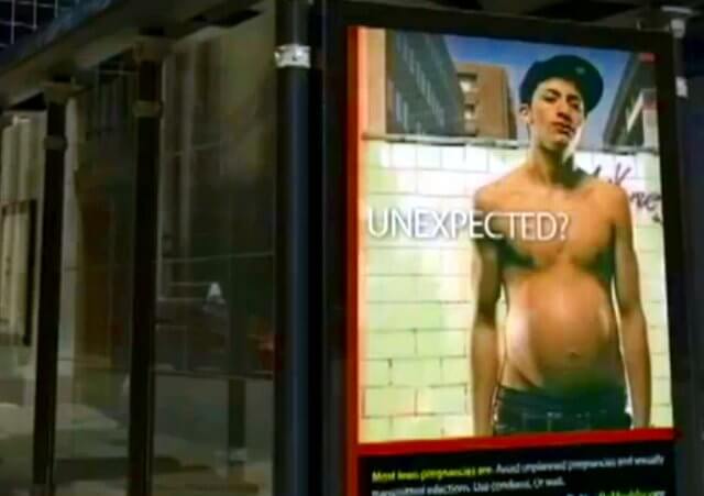 A shocking new ad from the Chicago Department of Public Health featuring a boy that appears pregnant, seen here at a bus stop (Credit: Chicago Department of Public Health/ABC)