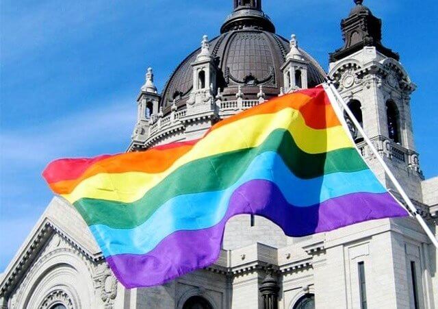 A gay pride flag flies outside of the Cathedral of Saint Paul during vigils help by Catholics for Marriage Equality, Lent 2012 (Credit: Catholics for Marriage Equality)