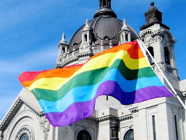 A gay pride flag flies outside of the Cathedral of Saint Paul during vigils help by Catholics for Marriage Equality, Lent 2012 (Credit: Catholics for Marriage Equality)