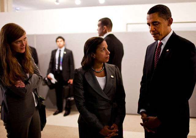 President Barack Obama confers with Samantha Power, left, Senior Director for Multilateral Affairs, and Susan E. Rice, U.S. Permanent Representative to the United Nations, before they attended a wreath laying ceremony at the memorial for United Nations staff killed in Iraq at the U.N. Headquarters in New York, N.Y., on Sept. 23, 2009. (Official White House photo by Pete Souza)