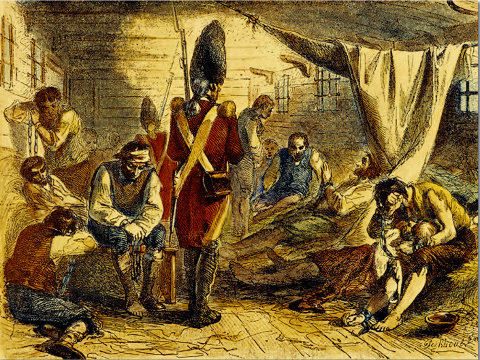 Interior view of the HMS Jersey, a British prison ship during the Revolutionary War, showing prisoners and guard (Credit: Darley, Felix Octavius Carr, 1822-1888 , artist; Edward Bookhout, engraver)
