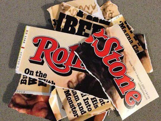 Torn up cover of the August 2013 edition of Rolling Stone magazine featuring Dzhokhar Tsarnaev, one of the two Boston marathon bombing terroists (Credit: David M Draiman via Twitter)