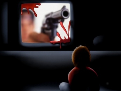 A concept image with a child sitting in front of a tv with a violent image to help illustrate the effect of violent video games on children (Credit: Piumadaquila via Fotolia)