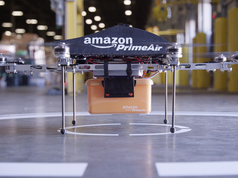 Amazon Prime Air octocopter drone preparing for takeoff from an Amazon warehouse for demostration of new delivery service (Credit: Amazon)