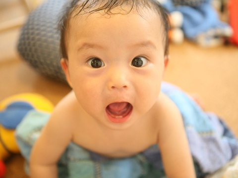 A Japanese baby crawling in a studio, surrounded by toys, looking up with a surprised look on his face (Credit: chihirock via Fotolia)