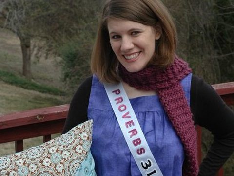 Rachel Held Evans, author of A Year of Biblical Womanhood, wearing a Proverbs 31 Woman sash (Credit: Rachel Held Evans Via Facebook)