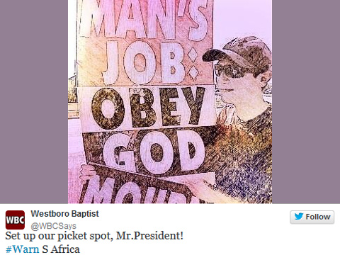 Westboro Baptist Church tweet announcing their plans to picket Nelson Mandela's funeral service (Credit: Westboro Baptist Church)