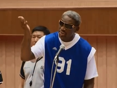 Former US basketball star Dennis Rodman sings Happy birthday to North Korean leader Kim Jong-Un in Pyongyang Wednesday, January 8, before joining a game with fellow players to mark the event (Credit: SkyNews via YouTube)