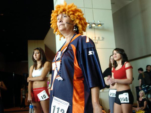 Kara Christian, the Bronco Lady super fan, at the age of 51, trying out for the Denver Broncos cheerleader squad (Credit: Denver Post)