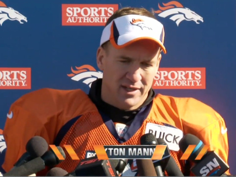 Peyton Manning, quarterback for the Denver Broncos, speaks to reporters at a press conference the Thursday following the AFC Championship game, January 23, 2014 (Credit: Denver Broncos)