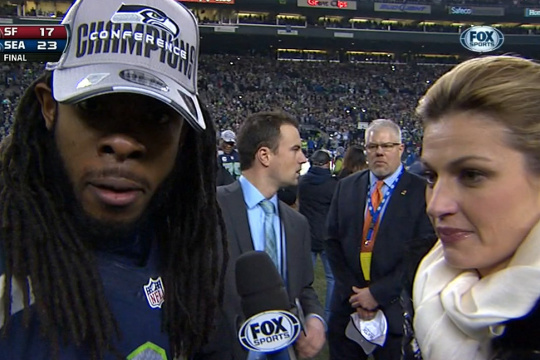 Richard Sherman on an epic rant during a post-game interview with Erin Andrews, after the 2014 NFC Championship game in Seattle, January 19, 2014 (Credit: Fox Sports)