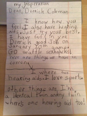 A handwritten note from 9 year-old Riley Kovalcik to Seattle Seahawks Derrick Coleman to thank him for being an inspiration (Credit: Jake Kovalcik via Twitter)