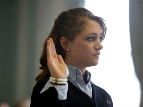Rachel Canning is sworn in during a hearing at the Morris County Courthouse, Tuesday, March 4, 2014, in Morristown, N.J. Canning, an honor student who says her parents kicked her out of the house when she turned 18, is now suing them, asking a court to make them support her and pay for her college. (Credit: The Star-Ledger/John O'Boyle)