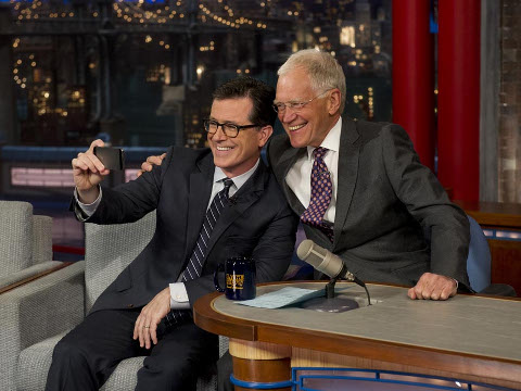 Stephen Colbert and David Letterman take a selfie(Credit: CBS)