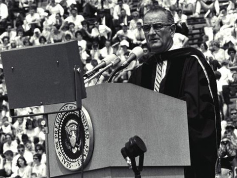 During his commencement speech for the Class of 1964 at Michigan Stadium on May 22, 1964, President Lyndon Baines Johnson unveiled his 'Great Society' American revitalization program. (Credit: Bentley Historical Library)