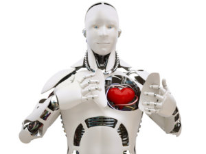 concept image for robotic morality, a white robot holding open panels in its chest displaying its heart inside (Credit: Denned via Fotolia)