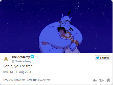 Following the death of Robin Williams, The Academy of Motion Picture Arts and Sciences posted on Twitter an image showing Disney's Aladdin hugging the genie, voiced in the film by Robin Williams, with the message 'Genie, you're free.' (Credit: The Academy of Motion Picture Arts and Sciences/Disney Films)
