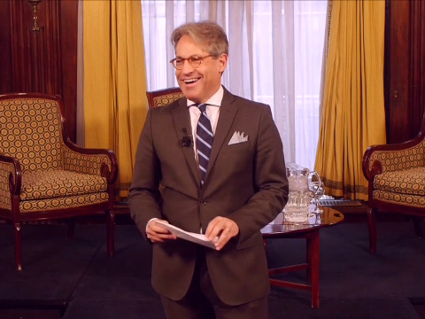 Eric Metaxas, host of Socrates in the City, opens the most recent forum with guests Cal Thomas and Bob Beckel, June 19,2014 (Credit: Socrates in the City via Vimeo)