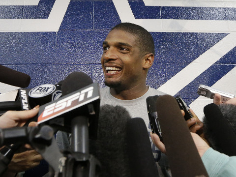 Dallas Cowboys practice squad player defensive end Michael Sam speaks to reporters after team practice at the team's headquarters, Sept. 3, 2014, in Irving, Texas (Credit: AP/LM Otero)