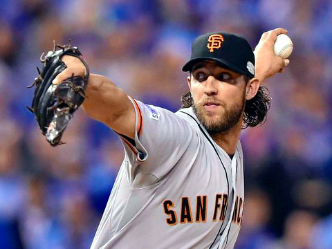 San Francisco Giants pitcher Madison Bumgarner threw in relief in the fifth inning in game seven of the World Series on Wednesday, October 29, 2014, at Kauffman Stadium in Kansas City, Missouri (Credit: The Kansas City Star/John Sleezer)