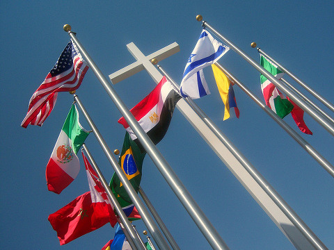 Countries of the cross outside the entrance to the Gateway Sanctuary on the north campus of The Church on the Way in Santa Clarita, California , June 15, 2008 (Credit: Konrad Summers via Flickr)