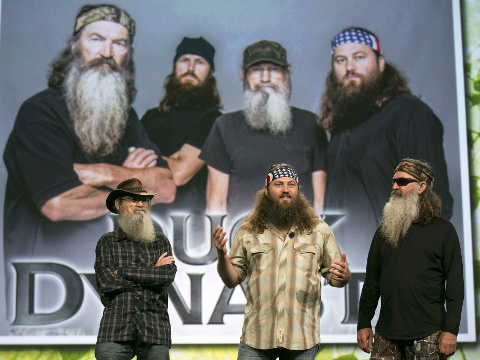 Si Robertson (L), Willie Robertson (C) and Phil Robertson (R) from A&E's Duck Dynasty speak at the National Cable and Telecommunications Association Cable Show in Washington, D.C., on June 10, 2014 (Credit: Reuters/Andrew Harrer)