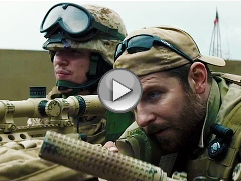 Bradley Cooper, as US Navy Seal sniper Chris Kyle, in a scene from the new Warner Brothers movie American Sniper based on the book American Sniper: The Autobiography of the Most Lethal Sniper in U.S. Military History, positioned on a rooftop lines up a shot to take out an insurgent sniper named Mustafa (Credit: Warner Brothers Pictures)