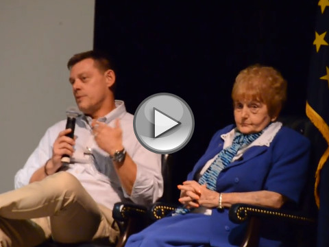 Eva Mozes Kor, a survivor of the Holocaust at Auschwitz and Dr Mengele himself, and Rainer Hoess, the grandson of Rudolf Hoess, the commandant of Auschwitz, speak about the movie Hitler's Children at the CANDLES Holocaust Museum and Education Center in Terre Haute, Indiana (Credit: Bob Schwab via Youtube)