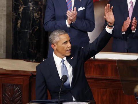 President Barack Obama waves before giving his State of the Union address before a joint session of Congress on Capitol Hill in Washington, Jan. 20, 2015 (Credit: Reuters/Larry Downing)