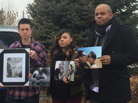Protest beginning for lesbian woman denied funeral at New Hope Ministries in Lakewood, Colorado, January 13, 2015 (Credit: 9NEWS/Ryan Haarer)