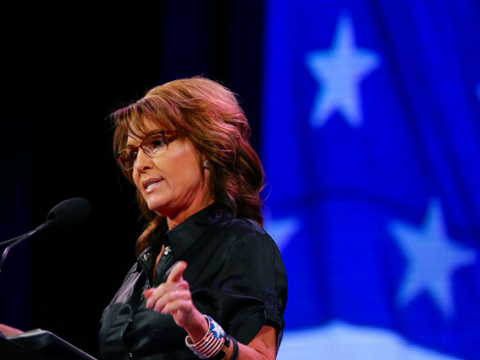 Former Governor of Alaska Sarah Palin speaks at the Freedom Summit in Des Moines, Iowa, January 24, 2015 (Credit: AP/Charlie Neibergall)