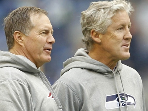 Super Bowl XLIX: Patriots head coach Bill Belichick (left) and Seahawks head coach Pete Carroll talk at midfield before a game between the New England Patriots and the Seattle Seahawks, October 14, 2012, Seattle, Washington (Credit: USA TODAY/Joe Nicholson)