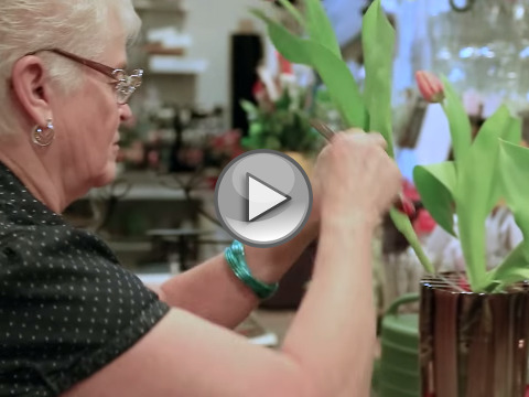 Barronelle Stutzman, owner of Arlene's Flowers, who was sued by a same-sex couple for not providing service for their same-sex wedding, works in her shop (Credit: Alliance Defending Freedom via Youtube)