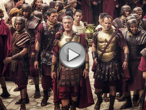 Vincent Regan (left center) as Pontius Pilate in a scene from the new movie from Robert Burnett and Roma Downey, A.D. The Bible Continues, the continuation of the their original epic The Bible miniseries (Credit: NBC)