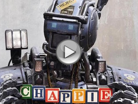 Chappie, a police droid, who is re-programmed to think and feel holds building blocks spelling out his name in the theatrical release poster (Credit: Sony Pictures Entertainment)