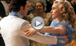 Lily James as Cinderella and Richard Madden as Prince 'Kit' Charming dance together in the ballroom scene in the new Walt Disney's remake of their 1950 animated musical classic movie, Cinderella (Credit: Walt Disney Studios)