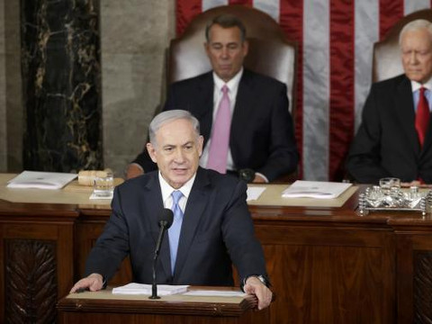 Israeli Prime Minister Benjamin Netanyahu addresses a joint meeting of Congress in the House Chamber on Capitol Hill, March 3, 2015 (Credit: Reuters/Gary Cameron)