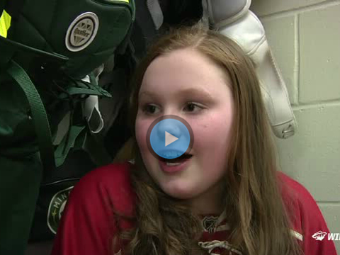 Minnesota Wild defenseman Jordan Leopold's 11 year-old daughter Jordyn talks during an interview in the locker room after her dad's first game with Minnesota about the letter that she wrote to the Columbus Blue Jacket's asking them to trade her father back to Minnesota, where the Leopold grew up and where his family resides (Credit: NHL)