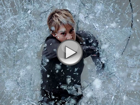 Shailene Woodley as Beatrice 'Tris' Prior breaks through a glass box, in a scene with Kate Winslet, who plays Jeanine Matthews, in the new Summit Entertainment production, The Divergent Series: Insurgent (Credit: Summit Entertainment)