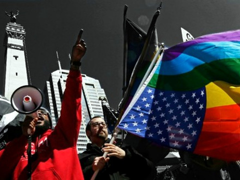 In Indianapolis, a crowd protests the new Indiana Religious Freedom Restoration Act, which was signed into law by Governor Mike Pence last week (Credit: Reuters/Nathan Chute)