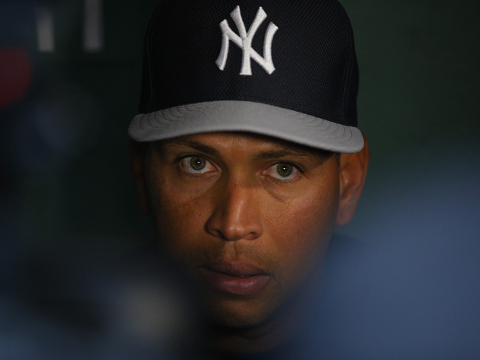 New York Yankees third baseman Alex Rodriguez talks to reporters in the visitors dugout before the Yankees’ American League baseball game against the Boston Red Sox at Fenway Park in Boston, Massachusetts August 16, 2013 (Credit: Reuters/Brian Snyder)
