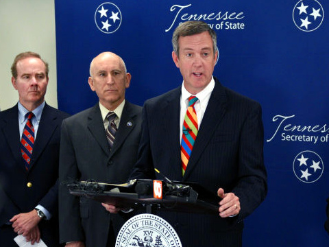 Tennessee Secretary of State Tre Hargett, during a news conference, announces the Federal Trade Commission and all 50 states have filed a federal lawsuit against four charities — including Knoxville-based Cancer Fund of America — and their operators, accusing them of scamming more than $187 million from consumers across the country, May 19, 2015 (Credit: Knoxville News Sentinel/Cortney Roark)