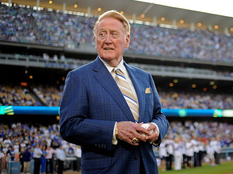 Vin Scully waits to throw out the first pitch on Vin Scully Bobblehead Night at Dodger Stadium in Los Angeles Thursday, August 30, 2012 (Credit: LA.com/Hans Gutknecht)