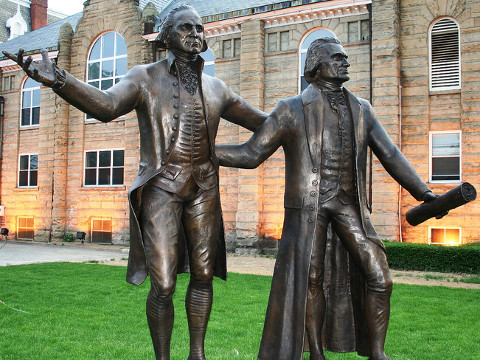 Statue of George Washington and Thomas Jefferson, at Washington and Jefferson College, outside the Swanson Wellness Center, northeast corner of 136 and S Lincoln Street, Washington, Pennsylvania, May 27, 2007 (Credit: OZinOH via Flickr)