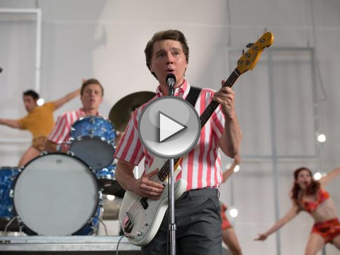 Paul Dano as young Brian Wilson plays guitar in a concert scene from the new Roadside Attractions movie, Love and Mercy, a bio-pic about Brian Wilson and the Beach Boys (Credit: River Road Entertainment)