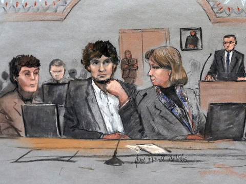 In this courtroom sketch, Dzhokhar Tsarnaev, center, is depicted between defense attorneys Miriam Conrad, left, and Judy Clarke, right, during his federal death penalty trial, Thursday, March 5, 2015, in Boston (Credit: AP/Jane Flavell Collins)
